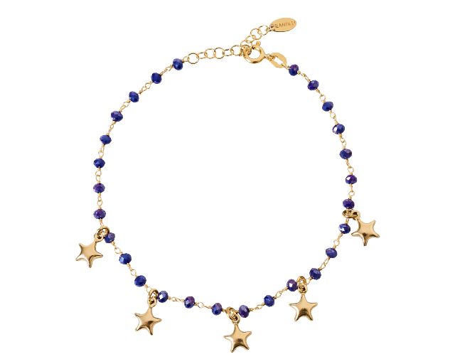 Cavigliera argento dorato con spinello blu e charms stelle