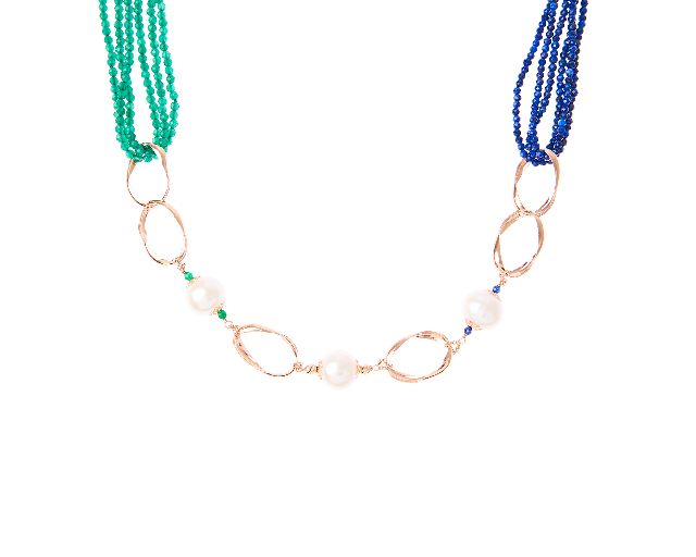 Necklace silver rosè with lapis, malachite and pearls