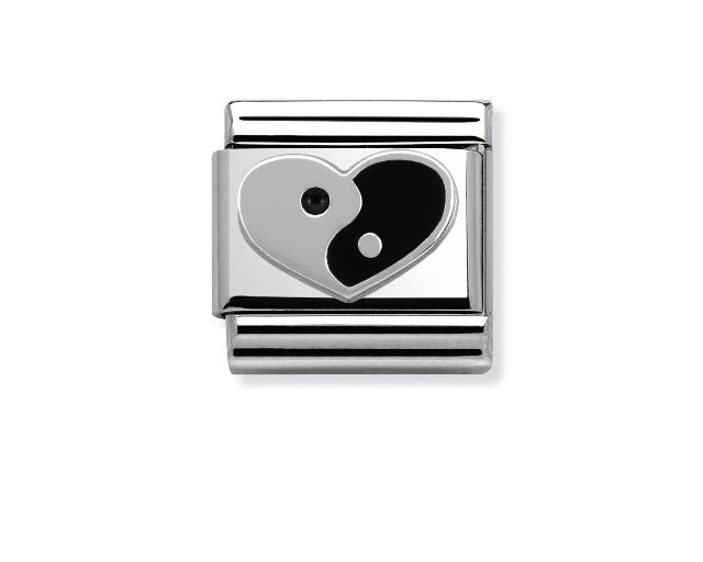 Cuori ying yang composable acciaio argento e smalto