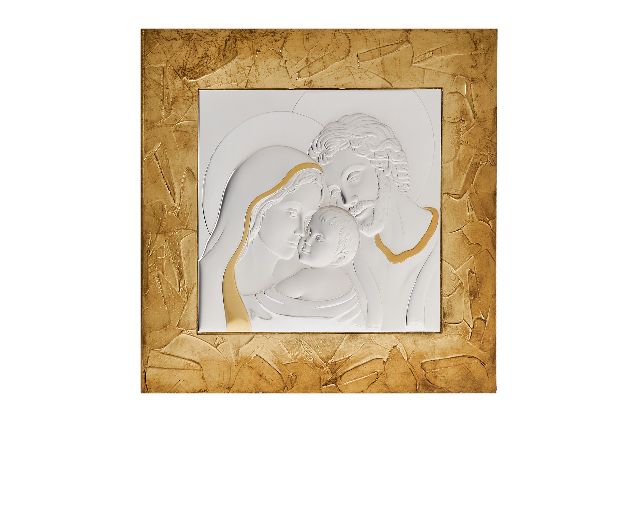 Sacra famiglia argento pvd con cornice dorata