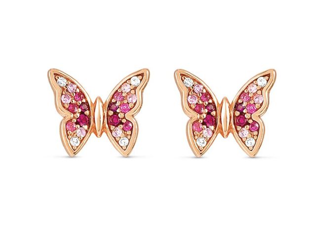 Earrings crysalis silver gold with pink zircon butterfly