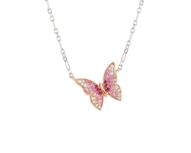 Necklace crysalis silver gold with pink zircon butterfly