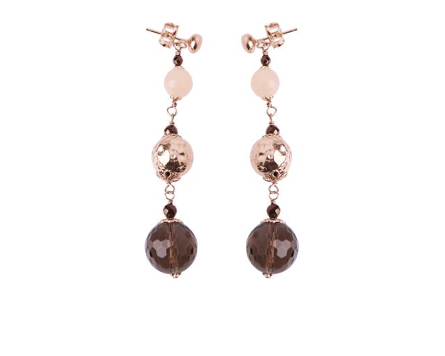 Earrings silver rosé with smoky quartz and pink jade