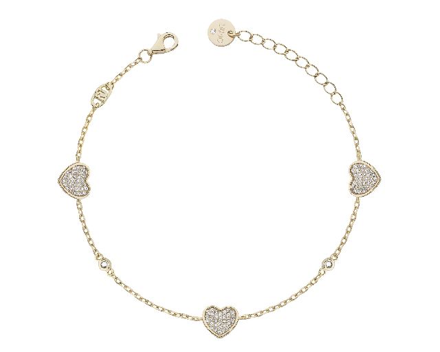 Bracciale argento dorato tre cuori con zirconi