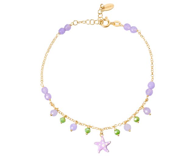 Anklet silver gold-plated with green/purple crystals and starfish