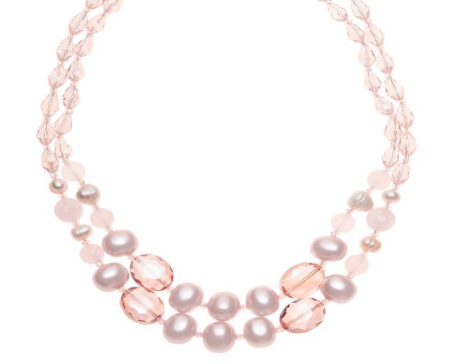 Collana 2 fili con agata, madreperla e cristalli rosa