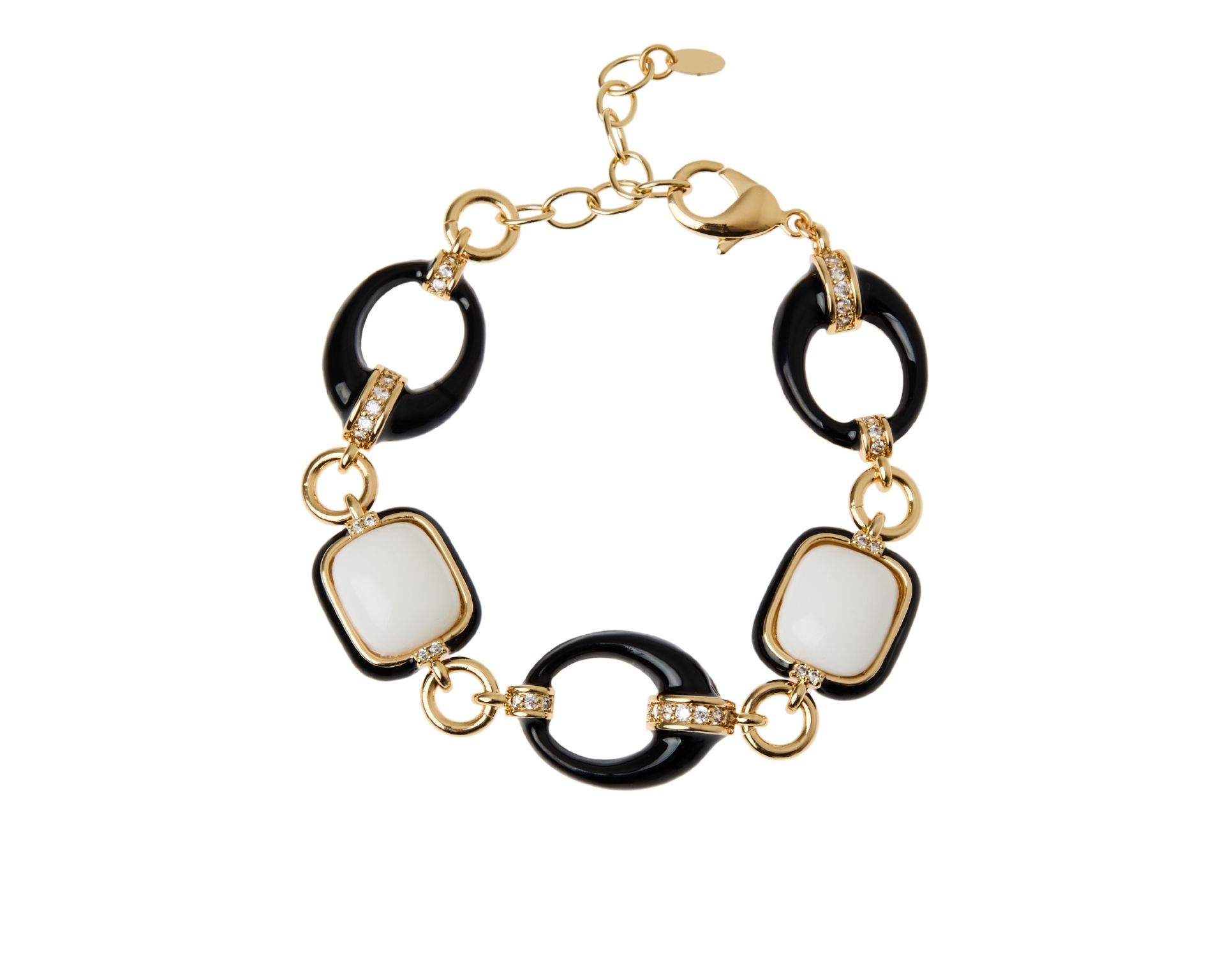 Bracciale Ottone Finitura Dorata Con Agata Bianca E Nera Smalto Nero E Zirconi Sovrani 188170 814j10851