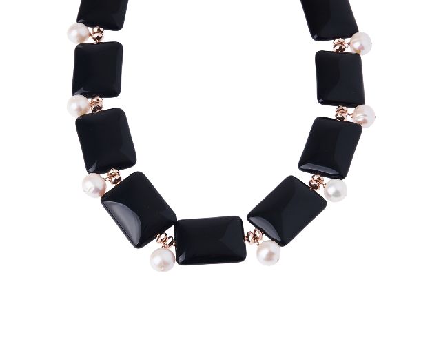 Necklace silver rosè with black agate and pearl