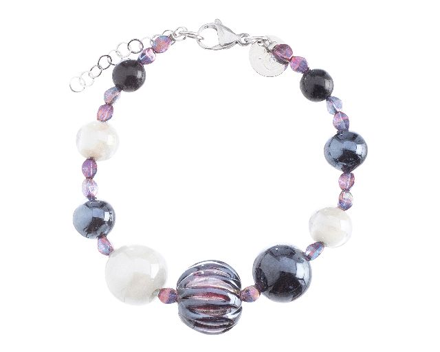 Bracciale gea vetro di murano bainco/nero e agata