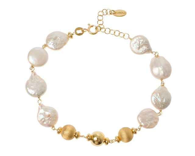 Bracciale argento dorato con palle lucide e satinate e perla piatta