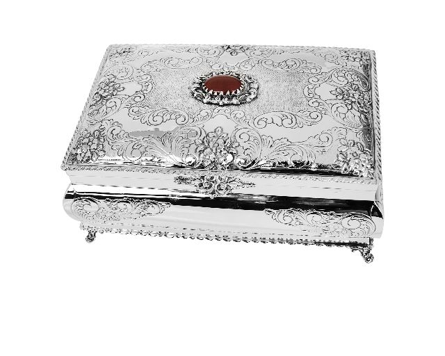 Jewelery box silver with bordeaux stone and gilt interior