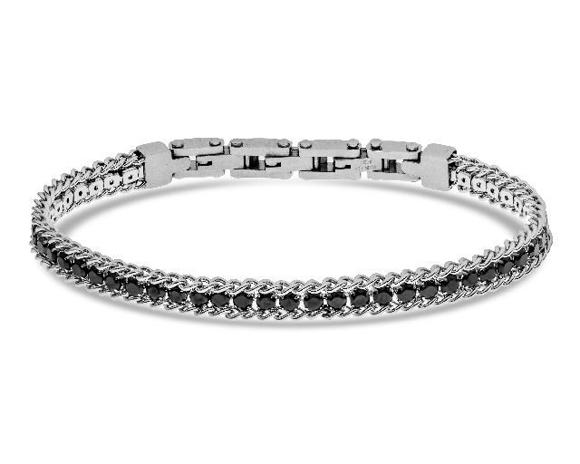 Bracciale uomo acciaio maglia grumette con zirconi neri