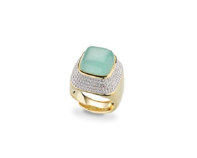 Anello aperto ottone finitura oro con cubic zirconia e occhio di gatto