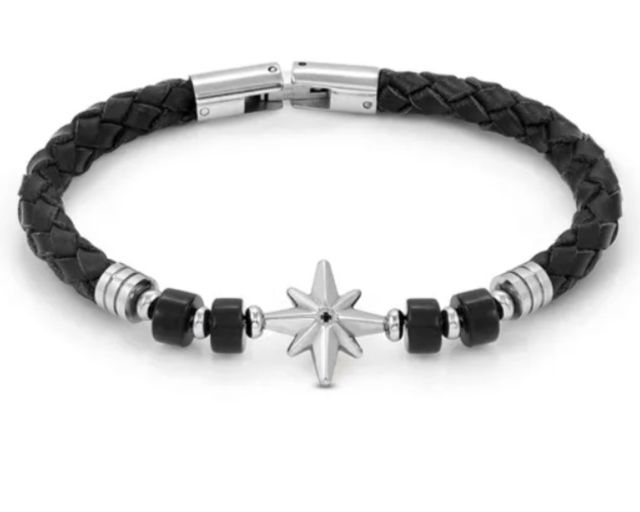 Bracciale uomo atlante acciaio con rosa dei venti e agata nera