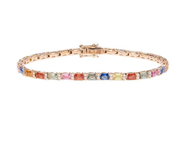 Bracciale tennis oro 750‰ con diamanti ct. 0.80 e zaffiri multicolor ct. 7.36
