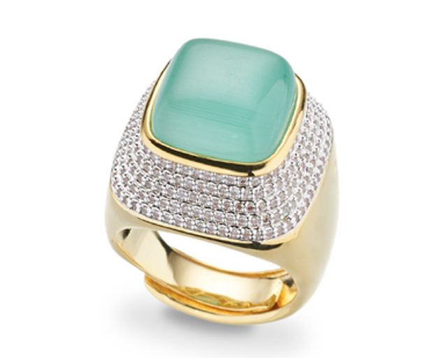 Anello aperto ottone finitura oro con cubic zirconia e occhio di gatto