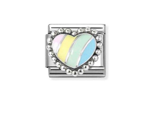 Cuore bombato arcobaleno composable acciaio argento e smalto