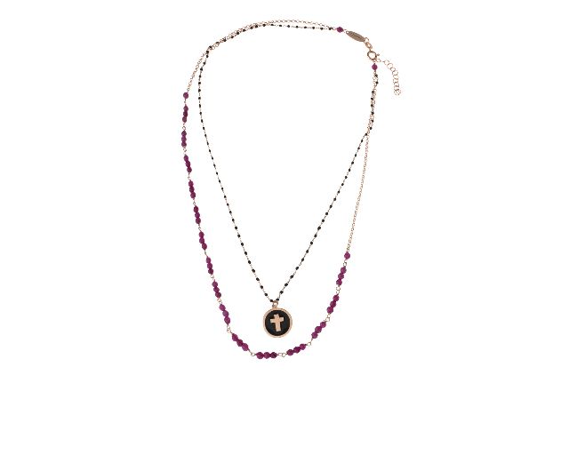 Collana argento rosè con cristalli fucsia e croce