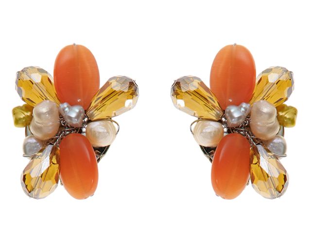Earrings flower with crystals, agate, and pearls