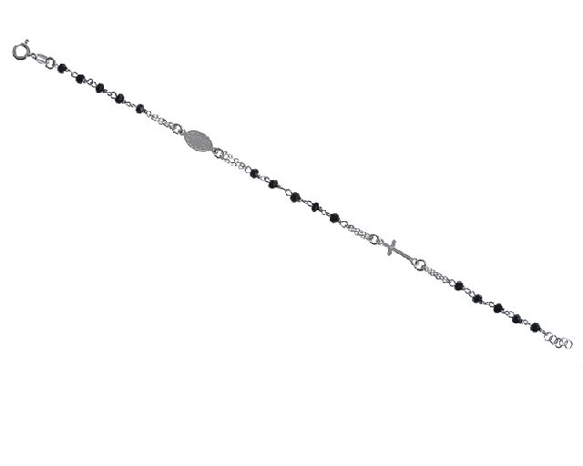 Rosary bracelet silver with black grains and cross