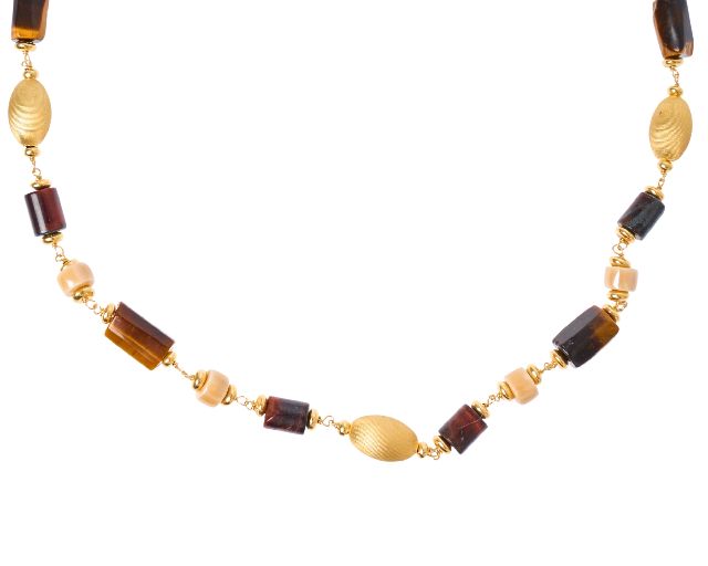 Collana argento dorato con chicco satinato, occhio di tigre e ceramica