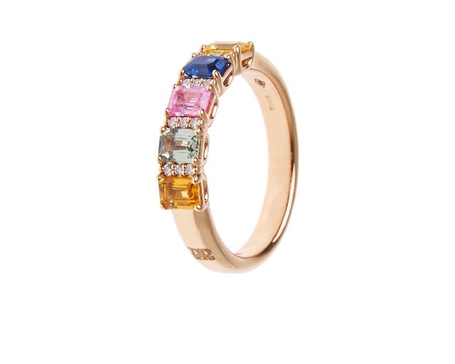 Anello oro 750‰ con diamanti ct. 0.12 e zaffiri multicolor ct. 1,15