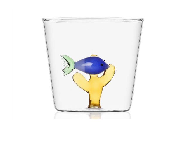 Tumbler glass marine garden blue fish and amber seaweed