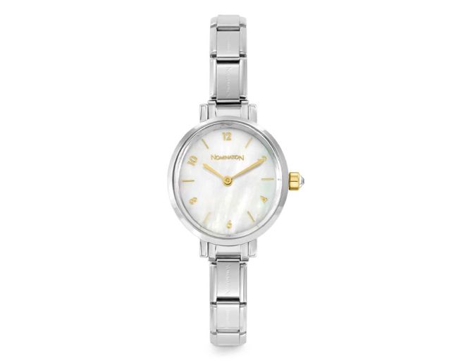 Watch time steel with oval white mother-of-pearl dial