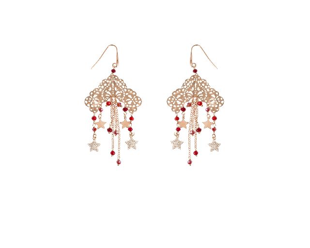 Orecchini argento pizzo con cristalli rossi, stelle con zirconi rossi