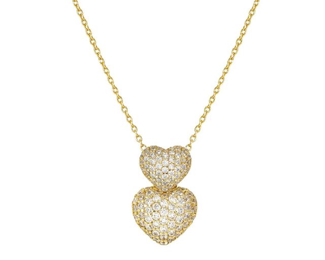 Collana life poetry argento dorato doppio cuore con pavè di zirconi