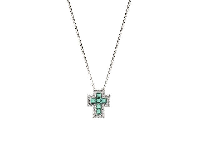 Necklace silver with cross in emerald zircons