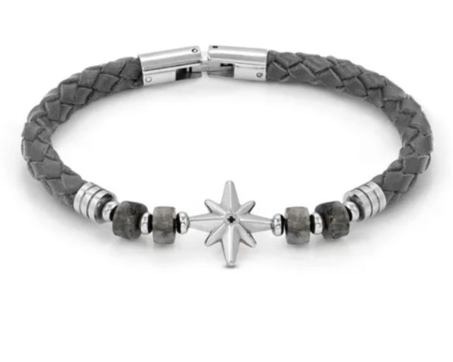 Bracciale uomo atlante acciaio con rosa dei venti e diaspro grigio