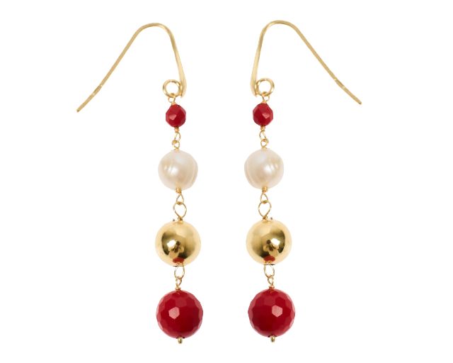 Orecchini argento dorato con corallo, perle e palle lucide