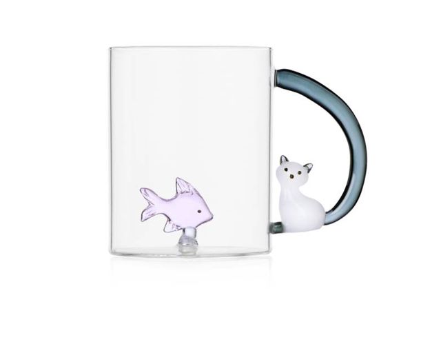 Mug tabby cat pink fish and white cat