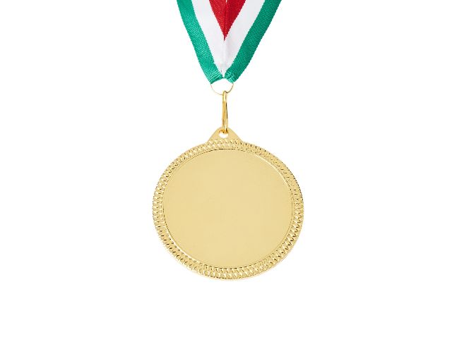 Customizable award medal with gold finish and tricolor ribbon