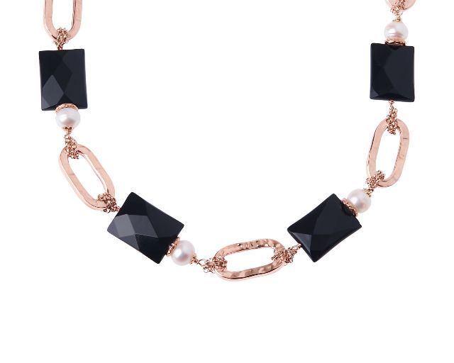 Collana argento rosè con agata nera e perla