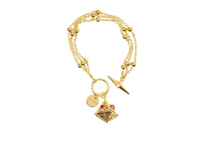 Bracciale gipsy in bronzo dorato con piramide e cristallo rosso