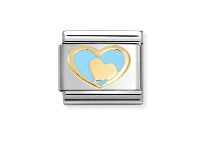 Cuore nel cuore azzurro pastello composable acciaio oro e smalto