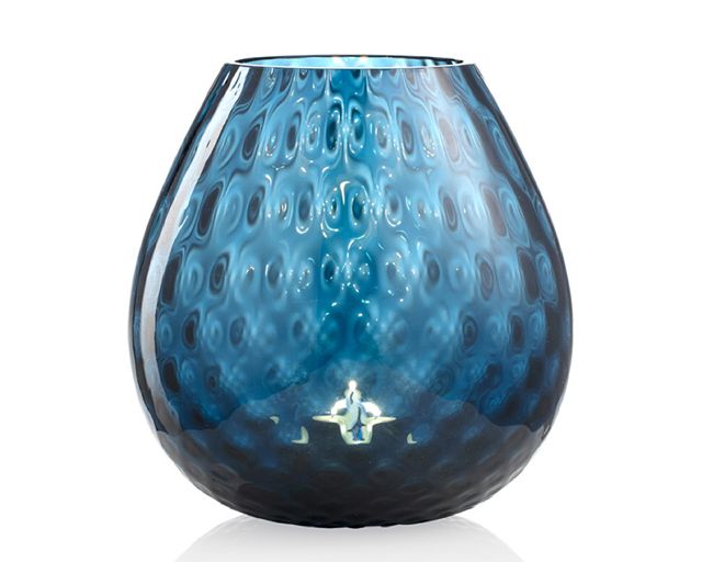 Vaso portacandela macramè l vetro di murano blu avio