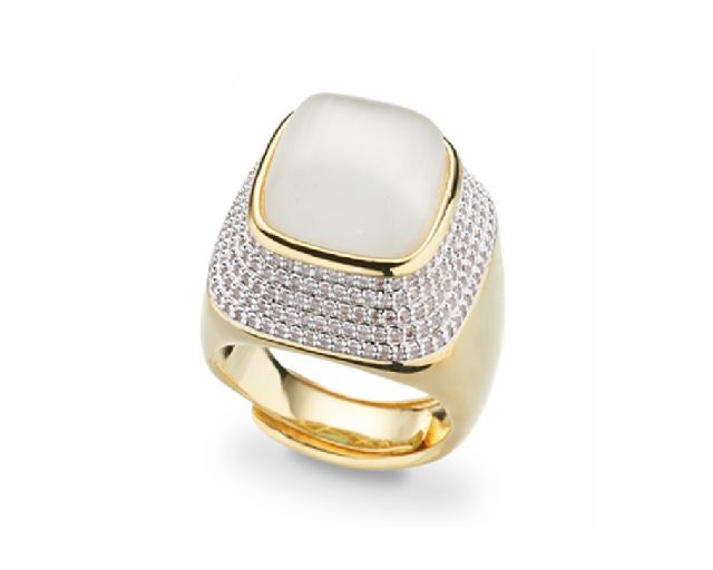 Anello aperto ottone finitura oro con cubic zirconia e occhio di gatto