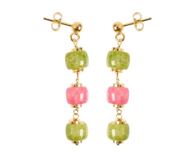Orecchini argento dorato con agata e giada rosa/verde