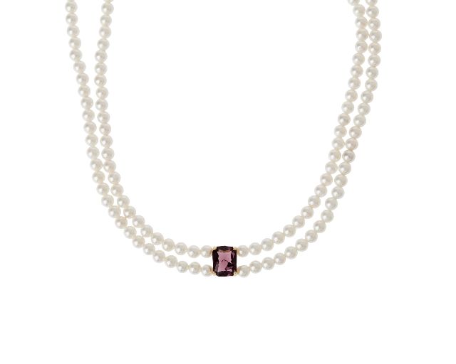 Necklace silver with river pearls and burgundy crystal
