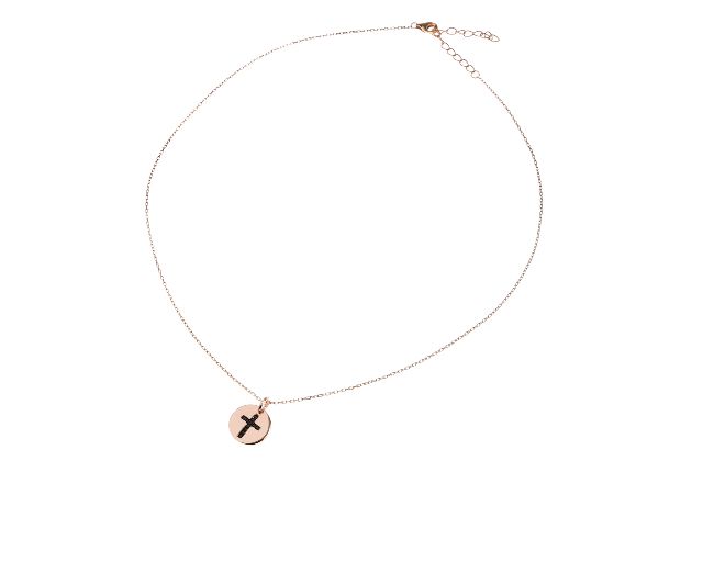 Collana argento rosè tondo croce con zirconi neri