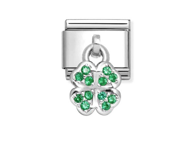 Four-leaf clover charm composable steel silver and zircons