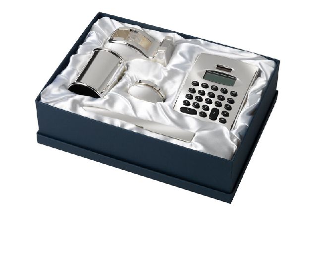 Office set 5 pieces silver plated tape holder, pen holder, business card holder, calculator, letter opener