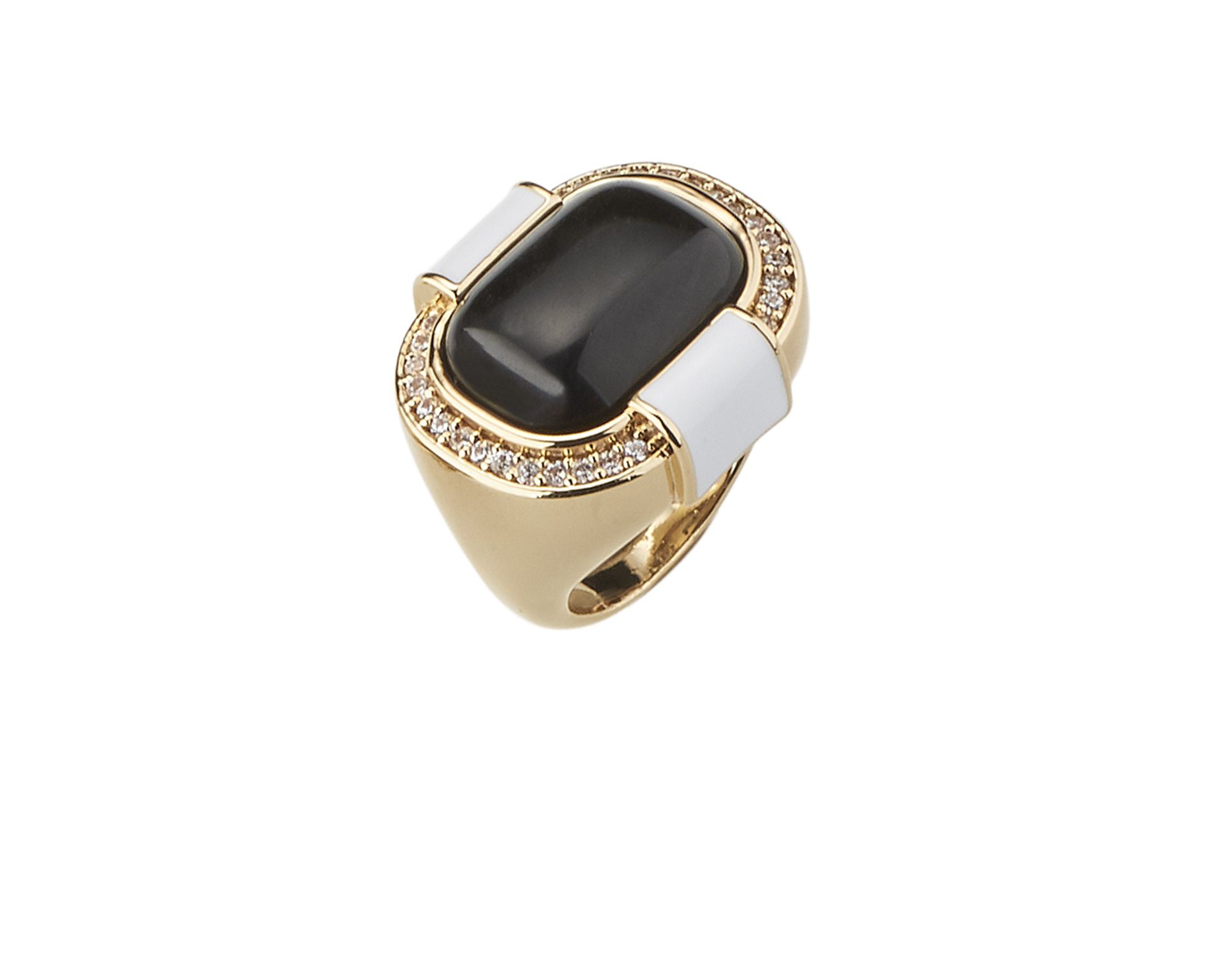 Anello Aperto Ottone Finitura Oro Con Quarzo Nero Smalto Bianco E Zirconi Sovrani 187456 814j10653m14