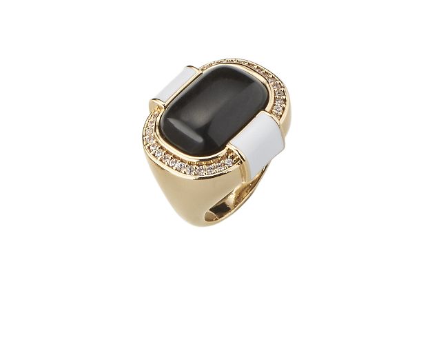Anello aperto ottone finitura oro con quarzo nero, smalto bianco e zirconi