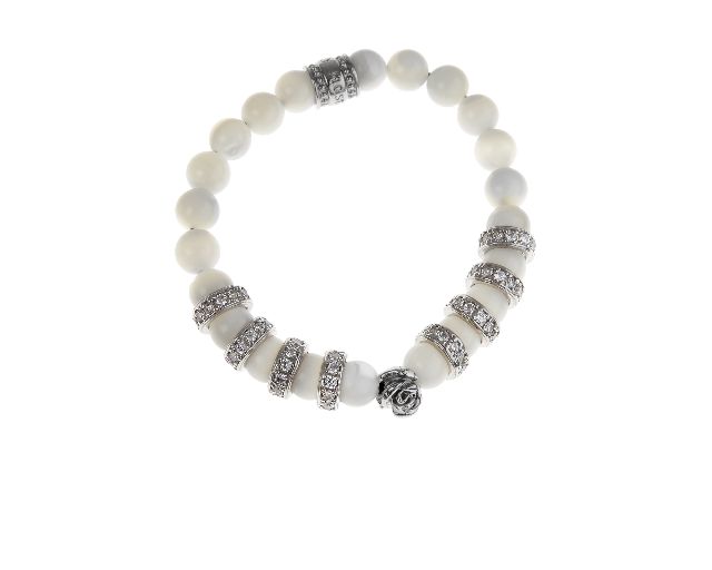 Bracciale rose argento con madreperla e anelli con zirconi
