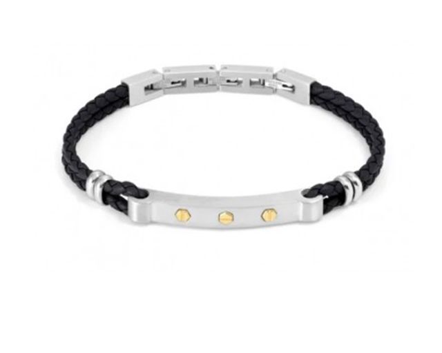 Bracelet manvision steel and black leather with golden screw