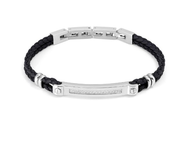 Bracelet manvision steel and black leather with white cubic zirconia